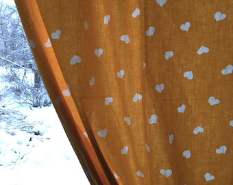 Vintage Yellow Cotton Curtain with Heart Print W36"x H30"- 42" Kitchen curtain