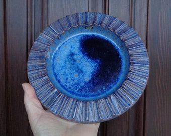 Swedish Vintage NITTSJO Ceramic Bowl dia 8.5"/ 22cm Large Ashtray; Mid Century Pottery Blue Ashtray