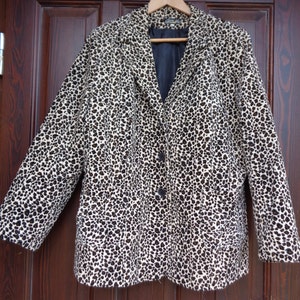 Vintage Jacke; Cordjacke mit Leopardenprint; DamenJacke Größe 56 / XL; Creme & Schwarz Leopard Muster Cordjacke