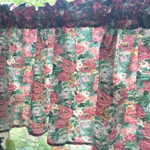 Swedish vintage kitchen curtain with flowers H19"x W58" Old pink & Mint plain cotton valance