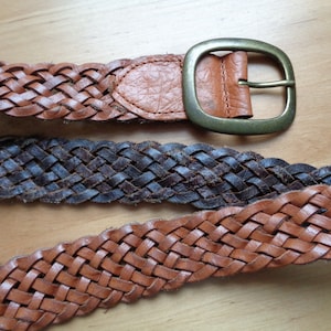 Vintage Belt; Real Leather Belt; Unisex Leather Belt; Nut Brown Weaved Leather Belt; Vintage Boho Belt / Hippie Belt, max size 43&quot; / 109cm