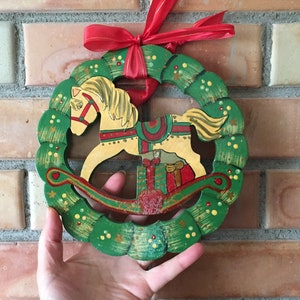 Swedish vintage hand painted  cut plywood wreath with rocking horse dia 8&quot;/ 21cm