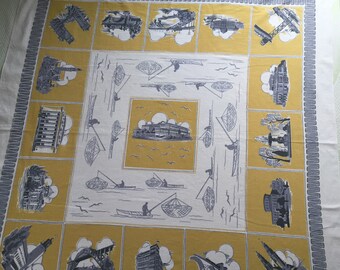 Swedish Mid Century vintage tablecloth with Architecture motifs; White, Gray & Mustard Yellow Cotton tablecloth ~50"/ 127cm