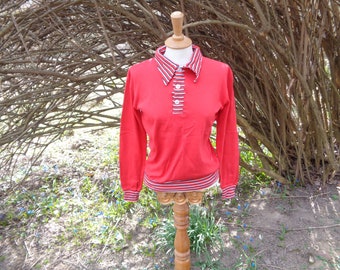 Norwegian Vintage Sweater size S/M; Jonas Øglænd AS, Sandnes 100% Cotton Jersey Polo Sweater; Vivid Red Sweater; Long Sleeve Polos