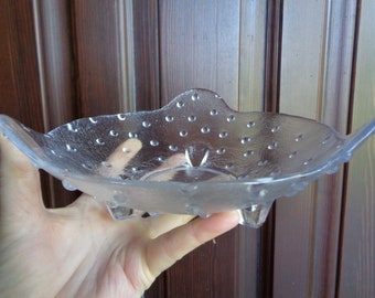 Footed glass bowl; Bubble design clear cast glass tripod bowl ~8 1/2" Candy bowl, Fruit bowl