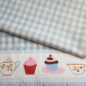 Vintage curtain W34" x L72" Pale Blue gingham tab top curtain with cupcake print fabric