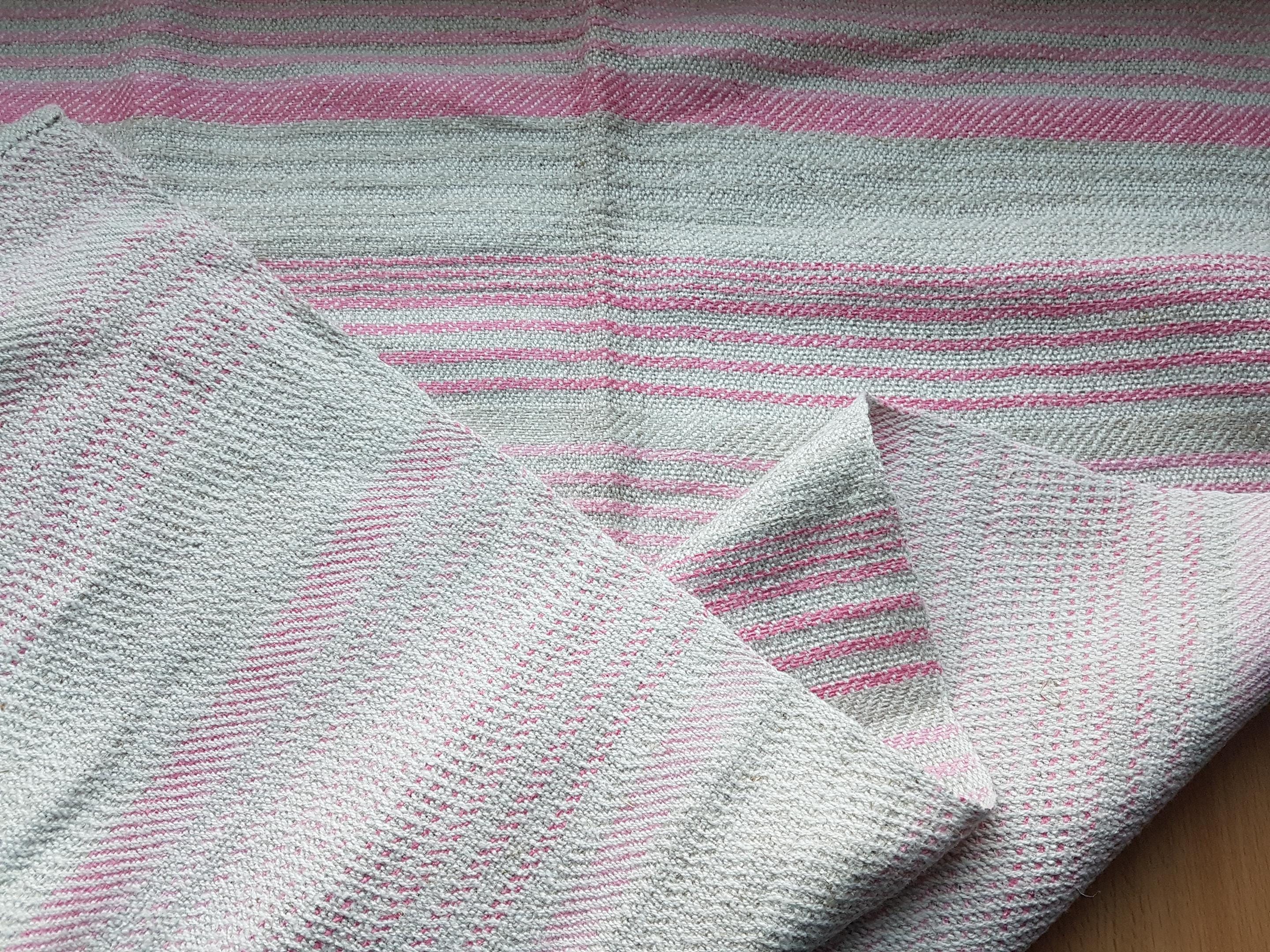 Scandinavian Vintage Handwoven Linen Tablecloth, Ecru & Pink Striped Table Topper 32"x 38"