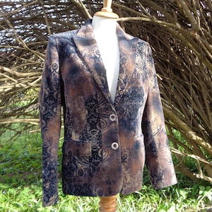 Vintage Jacke Größe M, EU 38; Birgitta Blazer Braun, Beige & Schwarz Baumwolle Cordjacke mit abstraktem Muster; Baumwolle mit Elastan Blazer