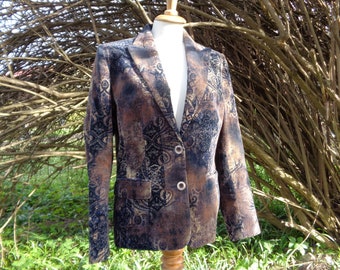 Giacca Vintage taglia M, EU 38; Birgitta Blazer Giacca In Velluto a Coste Marrone, Beige & Nero cotone con Motivo Astratto; Cotone con Blazer in Elastan