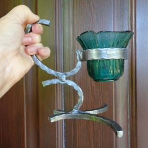 Swedish vintage candle holder stand; Wrought metal & glass walking tealight holder