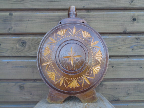 Vintage Carved Wood Flask H 12