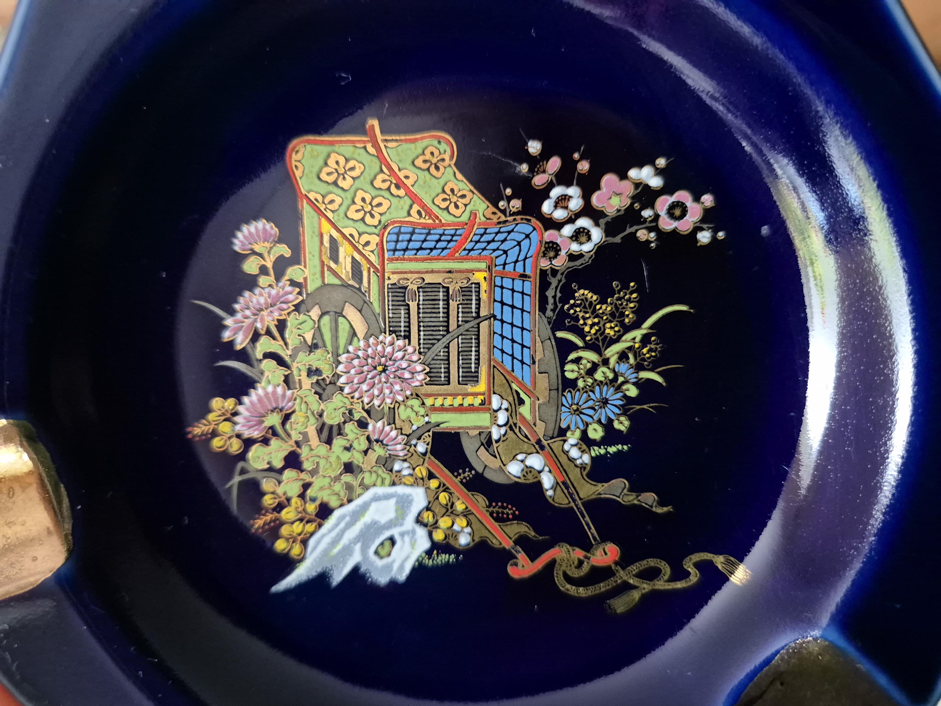 Vintage Japanese Kutani Style Ashtray, Cobalt Blue Hand Painted