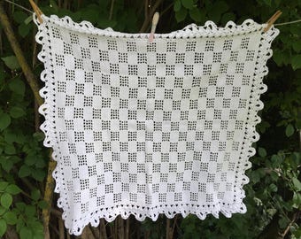 Vintage hand crochet white cotton tablecloth ~28"/ 71 cm square table cover