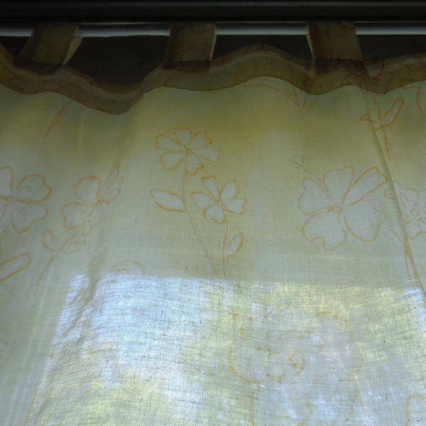Swedish vintage curtain W43"x L84" Pale yellow tab top curtain with floral print. Privacy curtain
