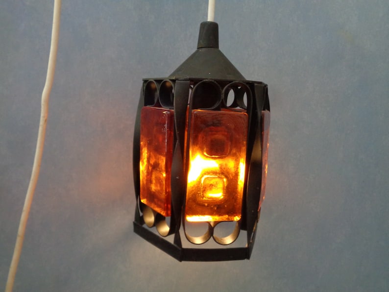Swedish Vintage Pendant Lamp Elfwing Design Metal & Amber Glass Ceiling Lamp for European mains Brutalist Style Light image 2