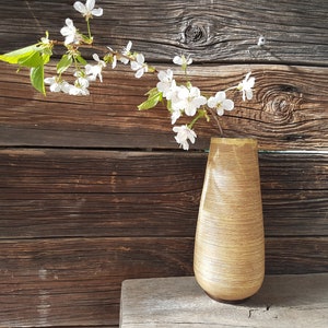May include: A vase made of woven wood with a light brown finish holds a branch of white cherry blossoms against a rustic wooden background.