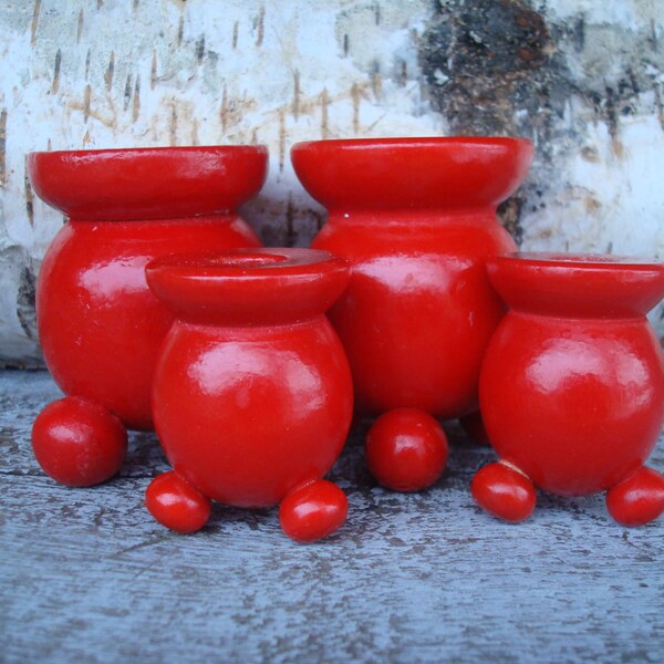 Set of 2 Large & 2 Small Vintage Wooden Candlesticks; Swedish Design Red Painted Wood Candle Holder; Christmas Decor; Advent Candle Holder
