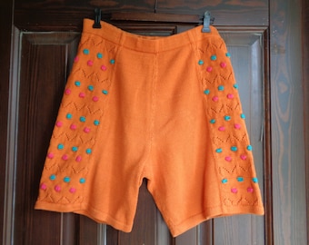 Vintage knitted shorts adult size L, Orange cotton knit shorts to fit hip 44"