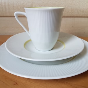 Swedish vintage Rörstrand SELECT 3 piece set - cake plate, tall coffee cup & saucer; White ribbed porcelain designed by Sylvia Leuchovius