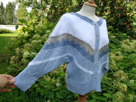 80s Vintage Knitwear Light Blue Sweater; Bat Slee… - image 6
