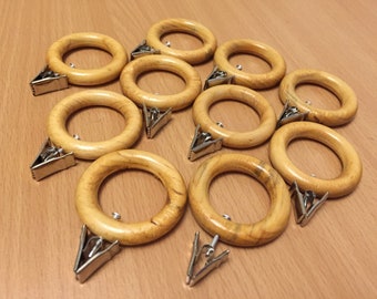 Set of 10 small natural wood curtain rings with clips