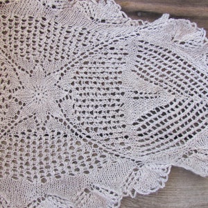 Vintage hand knitted oval doily; Gray Linen table topper 16&quot;x 30&quot;