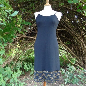 Vintage Dress; Black Jersey Dress with Black & Gold Wide Lace size XS/S, bust 32&quot;-34&quot;, Strap Dress; Elevated Waist Dress; Sleeveless Dress