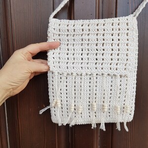 Vintage Crochet Shoulder Bag;  Ivory Cotton Boho Bag