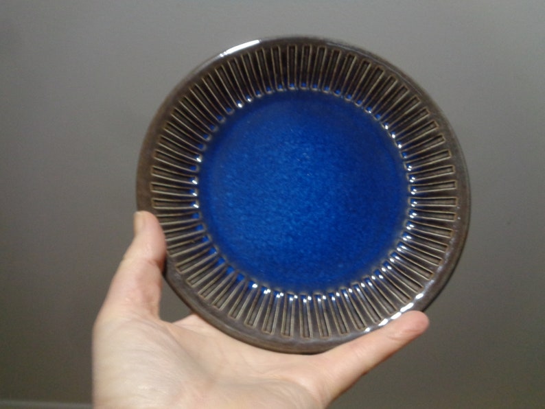 May include: A small blue ceramic plate with a decorative brown rim. The rim has a series of vertical lines.