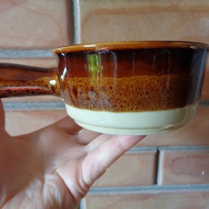 Swedish vintage ceramic handled dish; Brown & Beige glazed stoneware bowl  dia 4.5&quot;/ 11.5cm