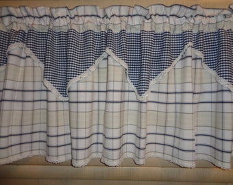 Cortina Vintage Hecha a Mano H19 "x W72" Blanco, Beige y Azul Cortina de Algodón a cuadros con tela Gingham y pequeño encaje blanco; Cortina de bolsillo de varilla