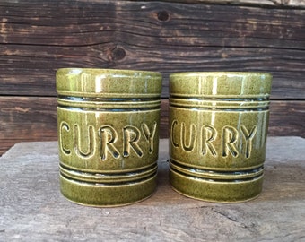 Swedish vintage ceramic jar "CURRY" Toreboda Sweden moss green glazed stoneware container