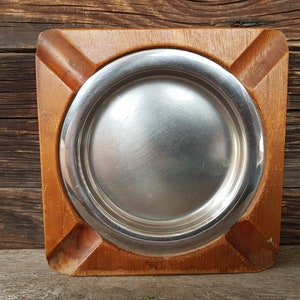 Swedish vintage Wood & Metal ashtray; 6&quot; square man cave ashtray