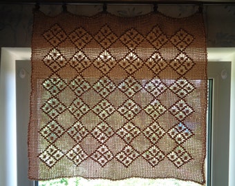 Vintage Table Cloth 24"x 28" Squared Crochet Doily; Beige Cotton Crochet Table Topper; Hand Crochet Table Cover or Curtain; Rustic Linens