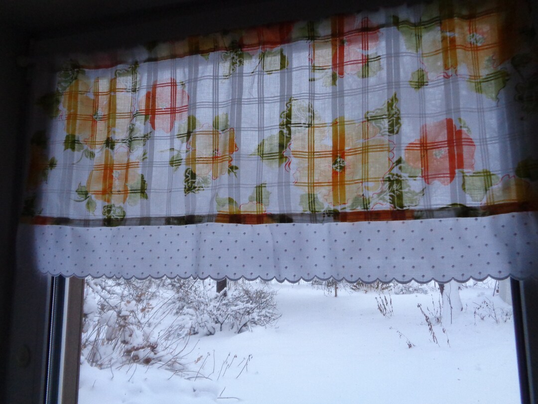 Vintage Kitchen Curtain With Floral Print H17x W37 White & Yellow