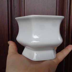 May include: A white ceramic planter with a hexagonal shape and a flared lip. The planter has a smooth, glossy finish and a wide base.