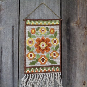 Swedish Vintage Fiber Art; Earth Color Embroidered Tapestry with Hanger, Rustic Wall Decor; Home Decor Wall Hanging Tapestry H20"x W8"