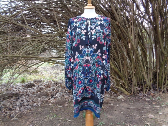 INDISKA Vintage Tunic size M; Black, Teal & Red 100% Viscose Tunic, Short Dress Length ~35"/ 89cm; Eco Friendly Boho Clothing; Natural Wear