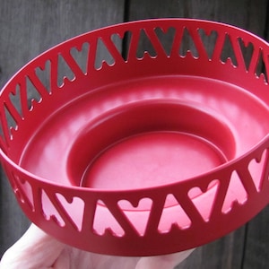 Vintage Candle Holder Bowl; Red Painted Metal Warmer Stand diameter 5.5&quot;/ 14 cm; Pot Stand with Hearts; Tealight Holder Bowl Christmas Decor