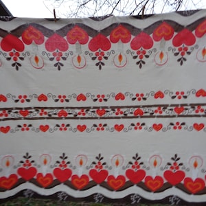 Swedish Vintage Christmas Tablecloth with Hearts & Candles 54"x 64" Ecru Cotton Tablecloth with White, Red and Brown Print, Christmas Linens