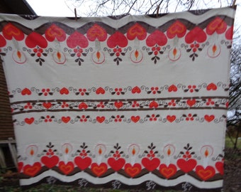 Swedish Vintage Christmas Tablecloth with Hearts & Candles 54"x 64" Ecru Cotton Tablecloth with White, Red and Brown Print, Christmas Linens