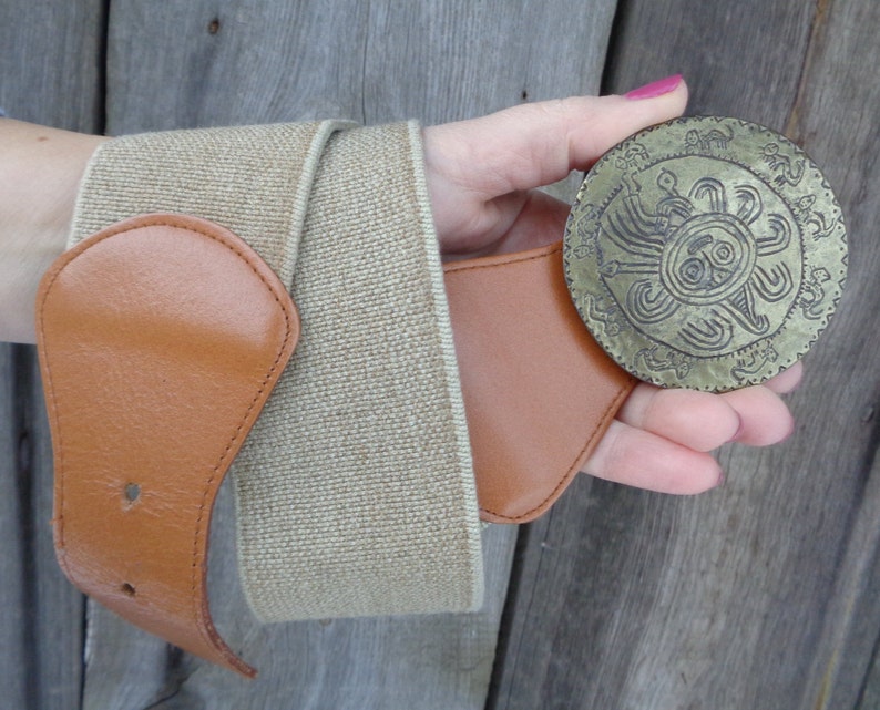 Vintage Belt Jute Elastic & Leather Belt with Brass Buckle Etsy