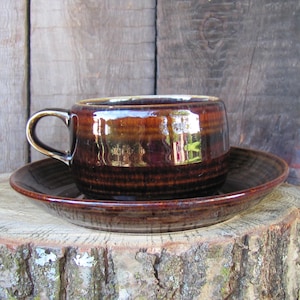 Vintage ceramic coffee cup & saucer; Brown glazed stoneware cup with saucer