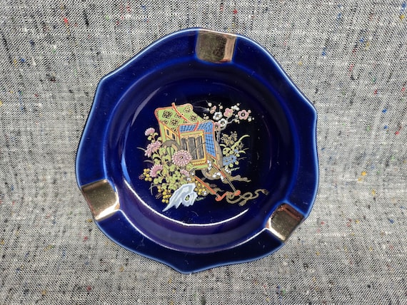 Vintage Japanese Kutani Style Ashtray, Cobalt Blue Hand Painted