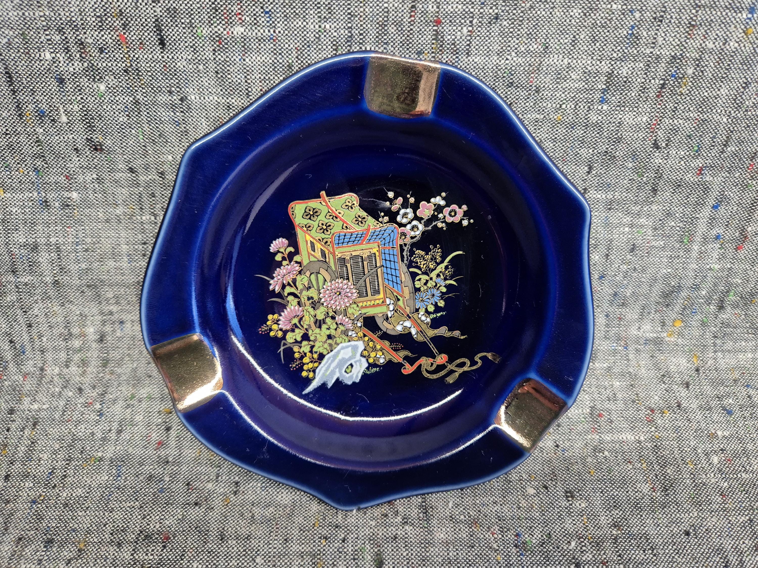 Vintage Japanese Kutani Style Ashtray, Cobalt Blue Hand Painted