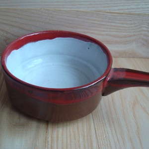 Swedish vintage pottery handled bowl; Brown & White ceramic dish with Red drip glaze