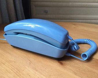 Vintage Tillhör Televerket telephone, Pale Blue push button wired phone. NOT Tested!