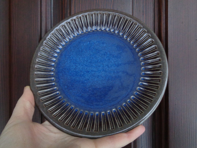 May include: A blue ceramic plate with a dark brown rim and a textured design. The plate has a slightly raised edge and a smooth, glossy finish.