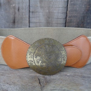 Vintage Belt; Jute Elastic & Leather Belt with Brass Buckle; Beige Elastic and Nut Brown Leather Belt size M; Stretchy Belt; Boho Belt