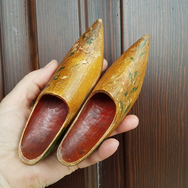 Antique hand carved wood souvenir clogs L6"/ 15cm; Pair of Swedish vintage wooden shoes